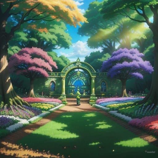 Anime Garden Scene with Glowing Seeds