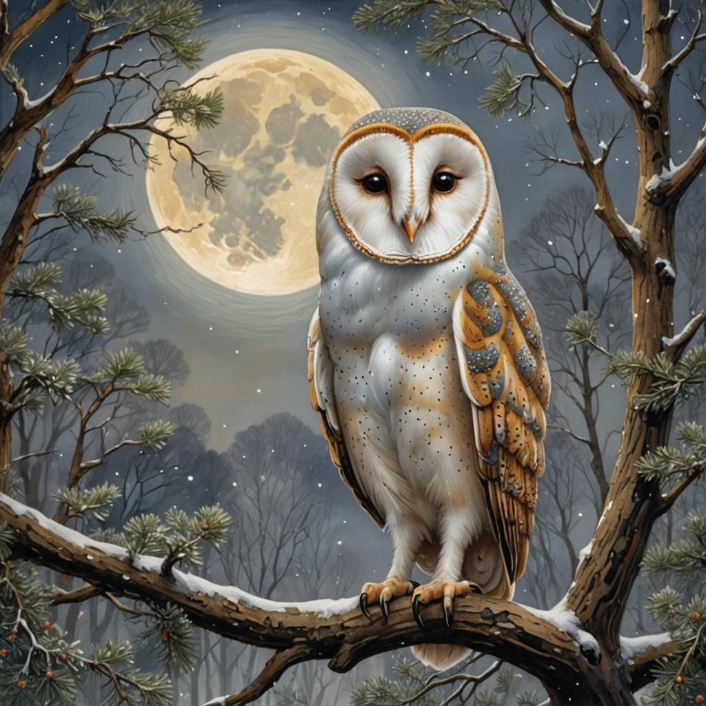 Winter Barn Owl in Surreal Pointillist Style