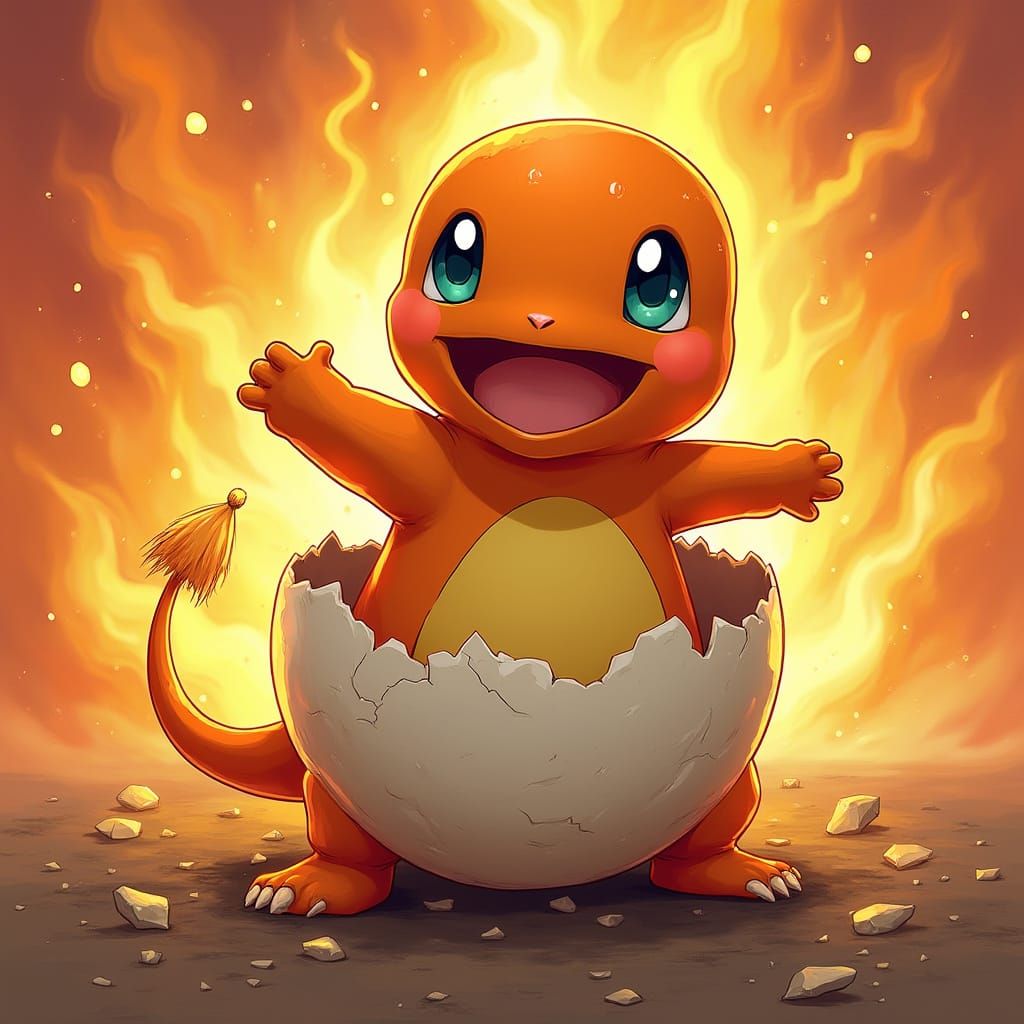 Joyful Charmander Hatches in Fiery Loish-Inspired Scene