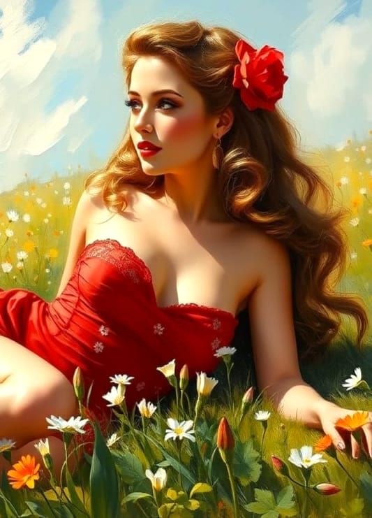 Flirtatious Pinup Model in Springtime Oil Painting