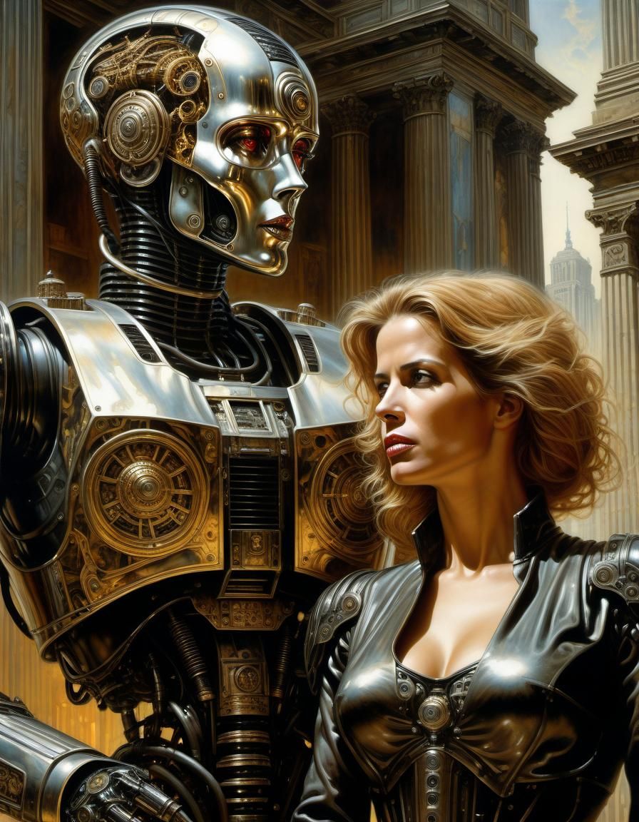 Sarah Connor and Robot Butler in Biopunk Metropolis