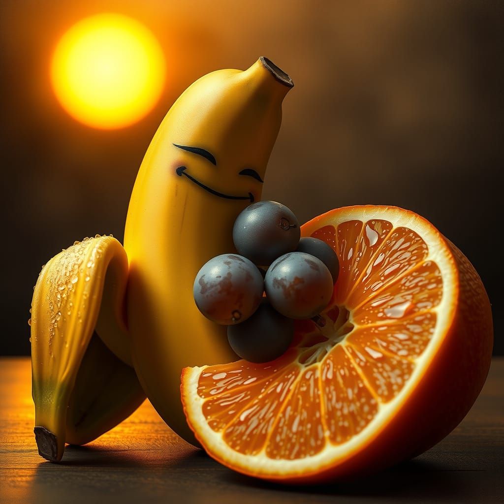 Banana and Grapes Share a Romantic Kiss under Golden Sunset