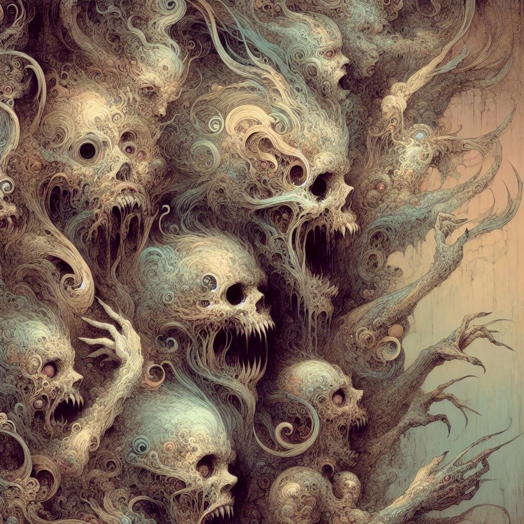Dark Fantasy Horror Ink Art in Pastel Colors