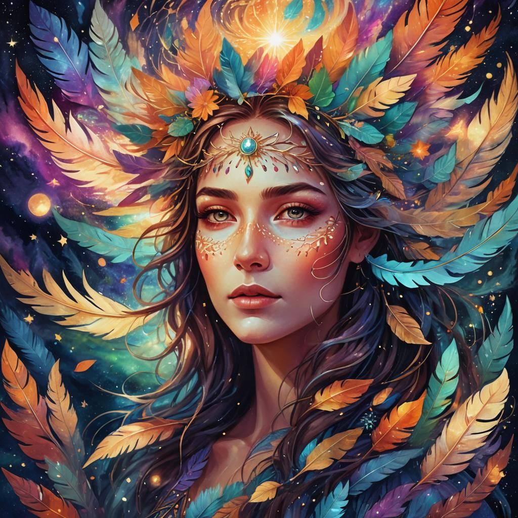 Astral Woman Portrait in Mixed Media Style