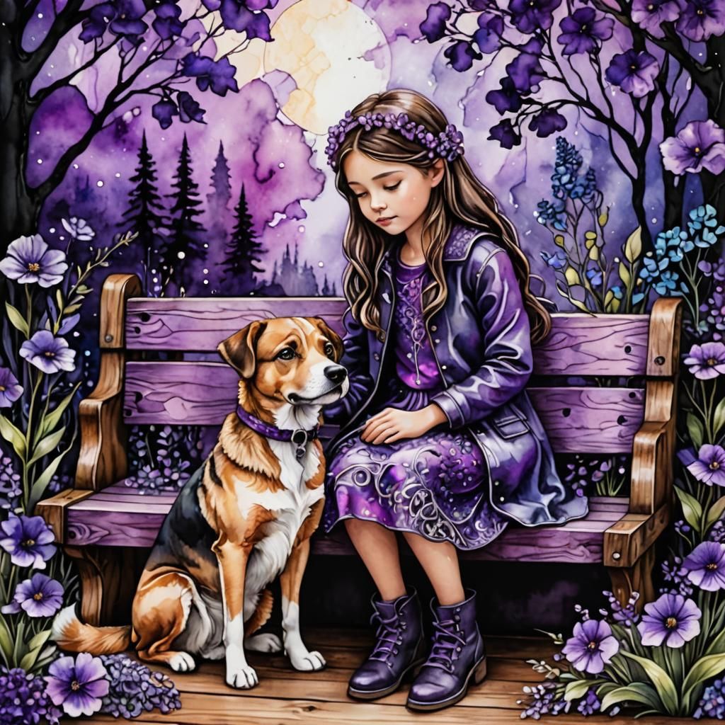 Girl and Dog on Bench in Alcohol Ink Style
