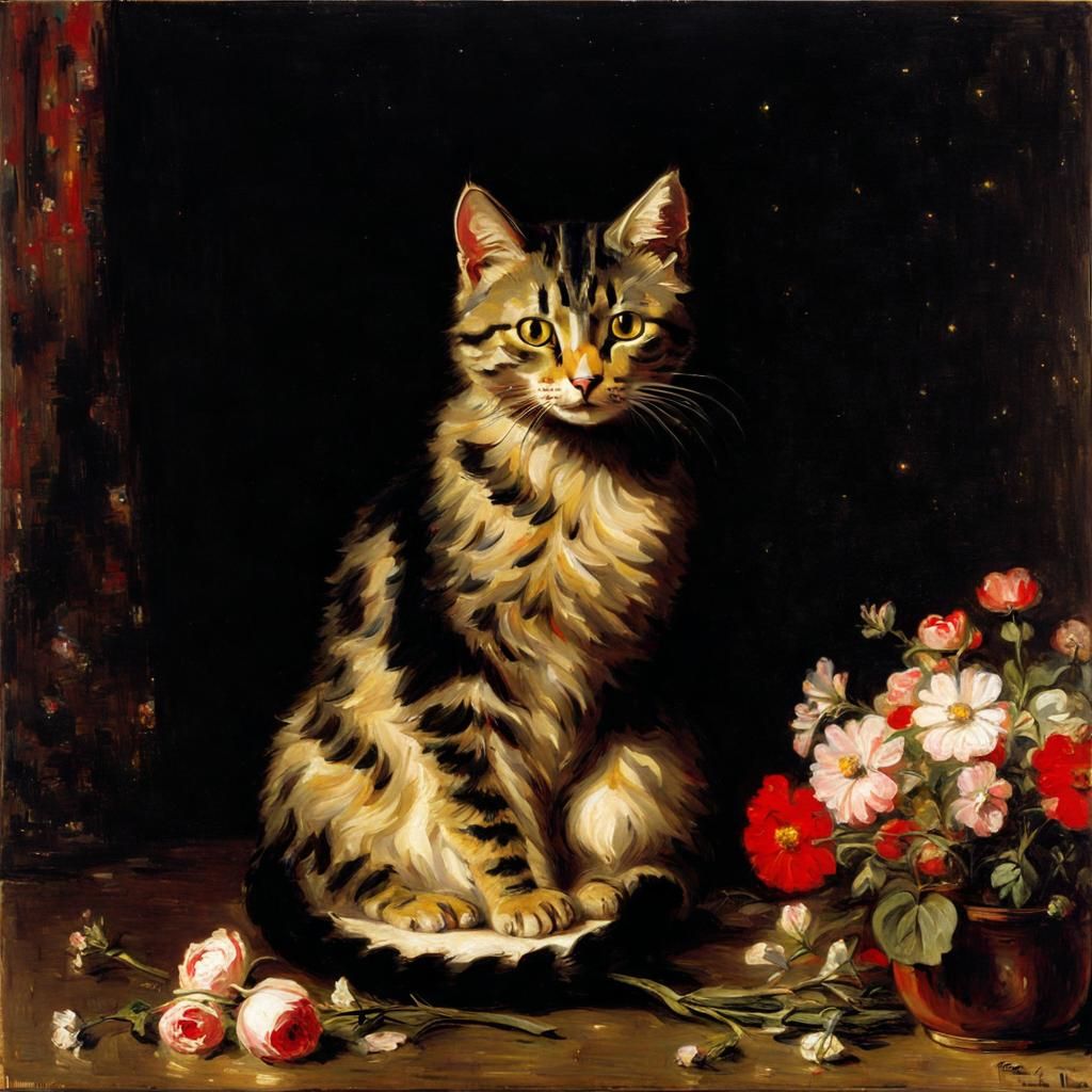 Cute Cat with Flowers: Eakins Style