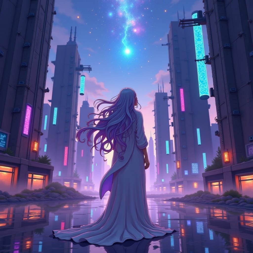 Ethereal Cityscape Anime Sci-Fi Goddess in Ghibli-Inspired P...