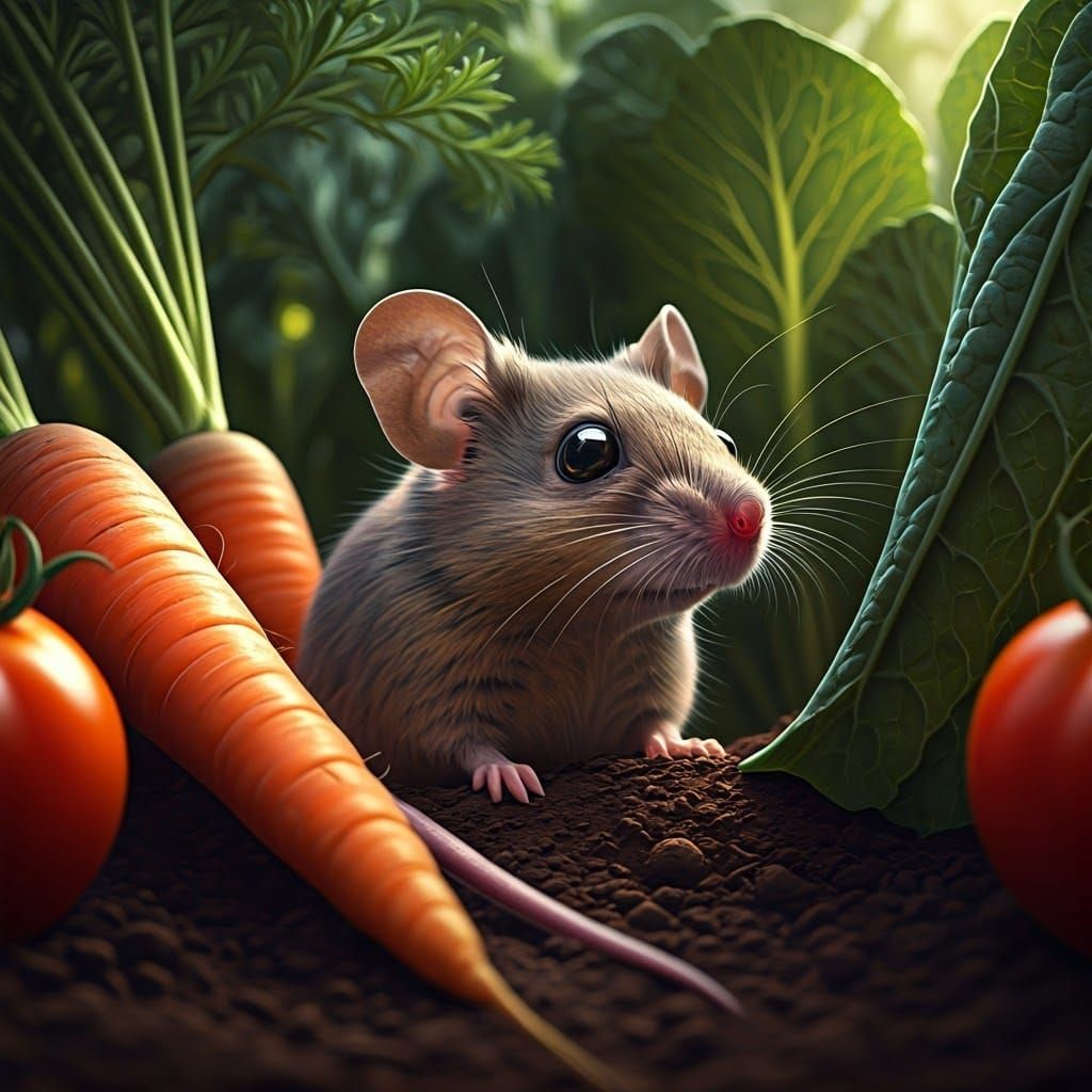 A Mouse Discovers a Vibrant Garden in Photorealistic Detail