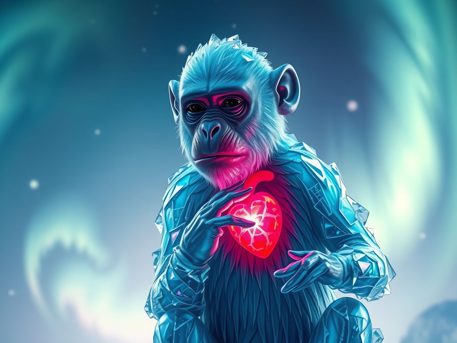 Crystalline Ice Monkey with Neon Light Fractures