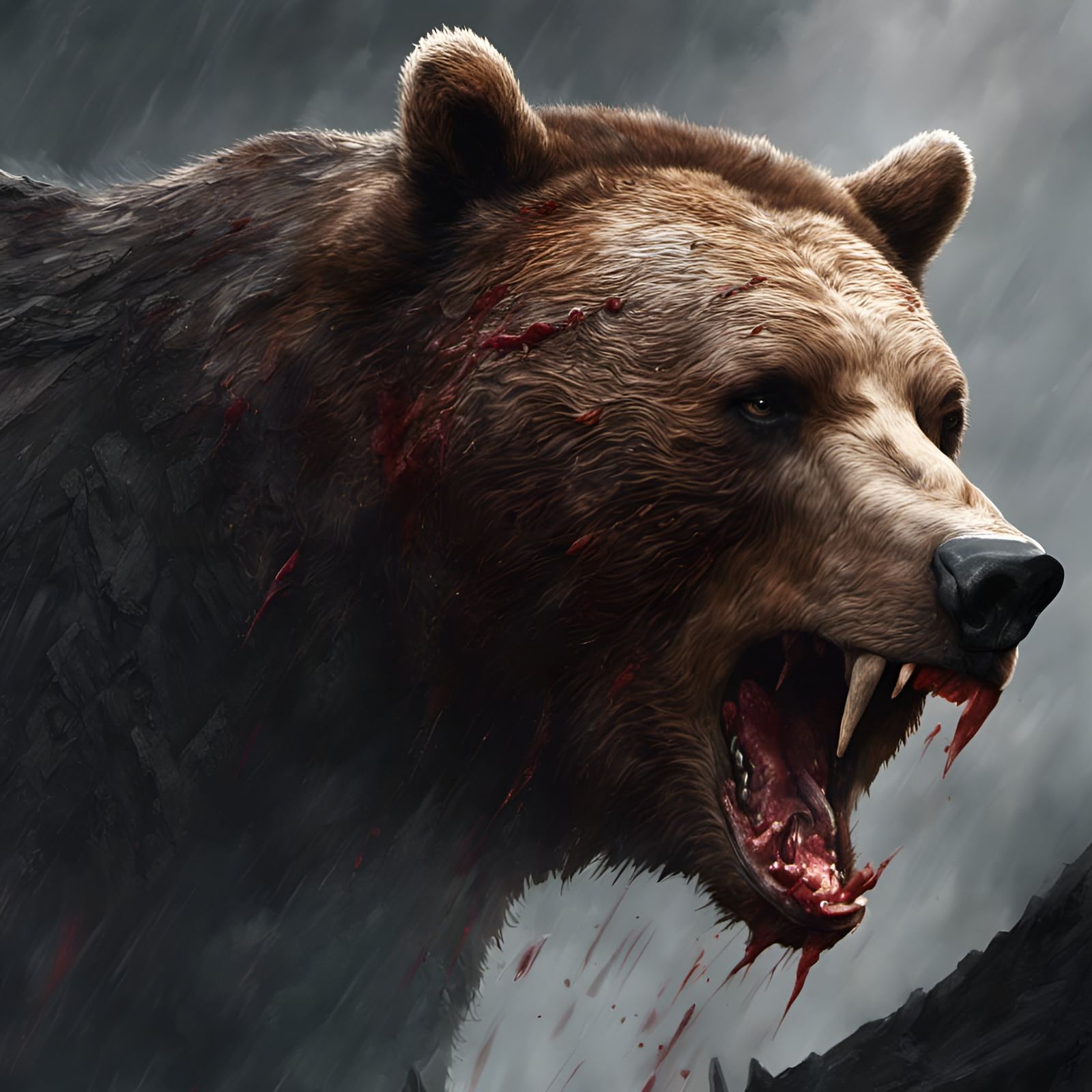 Roaring Bloodied Brown Bear Portrait in Dark Fantasy Style