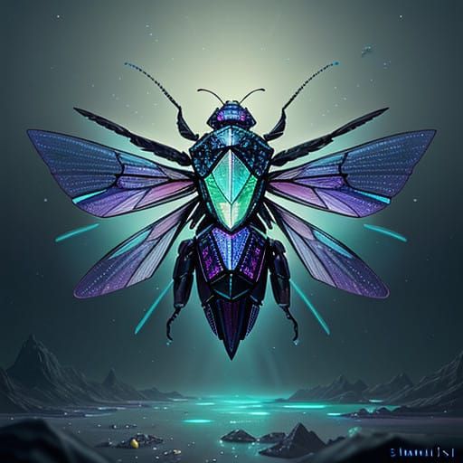 Crystal Iridescent Beetle in Futuristic Bioluminescent Art S...