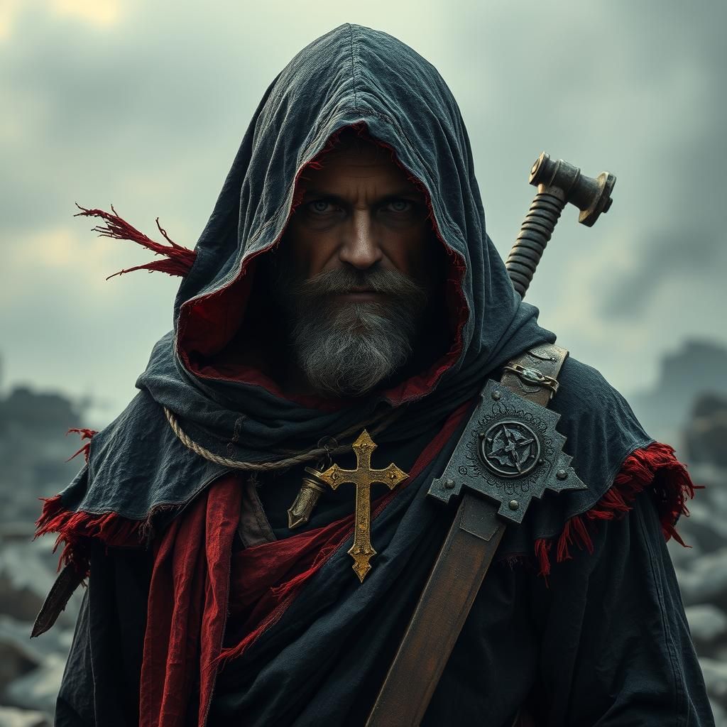 Battle-Hardened Monk in a Ruined Landscape