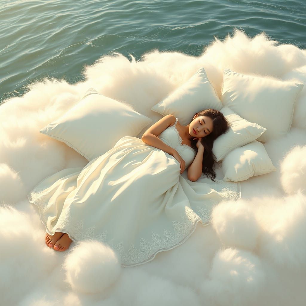 Dreamy Woman Floats Serenely Above Tranquil Ocean