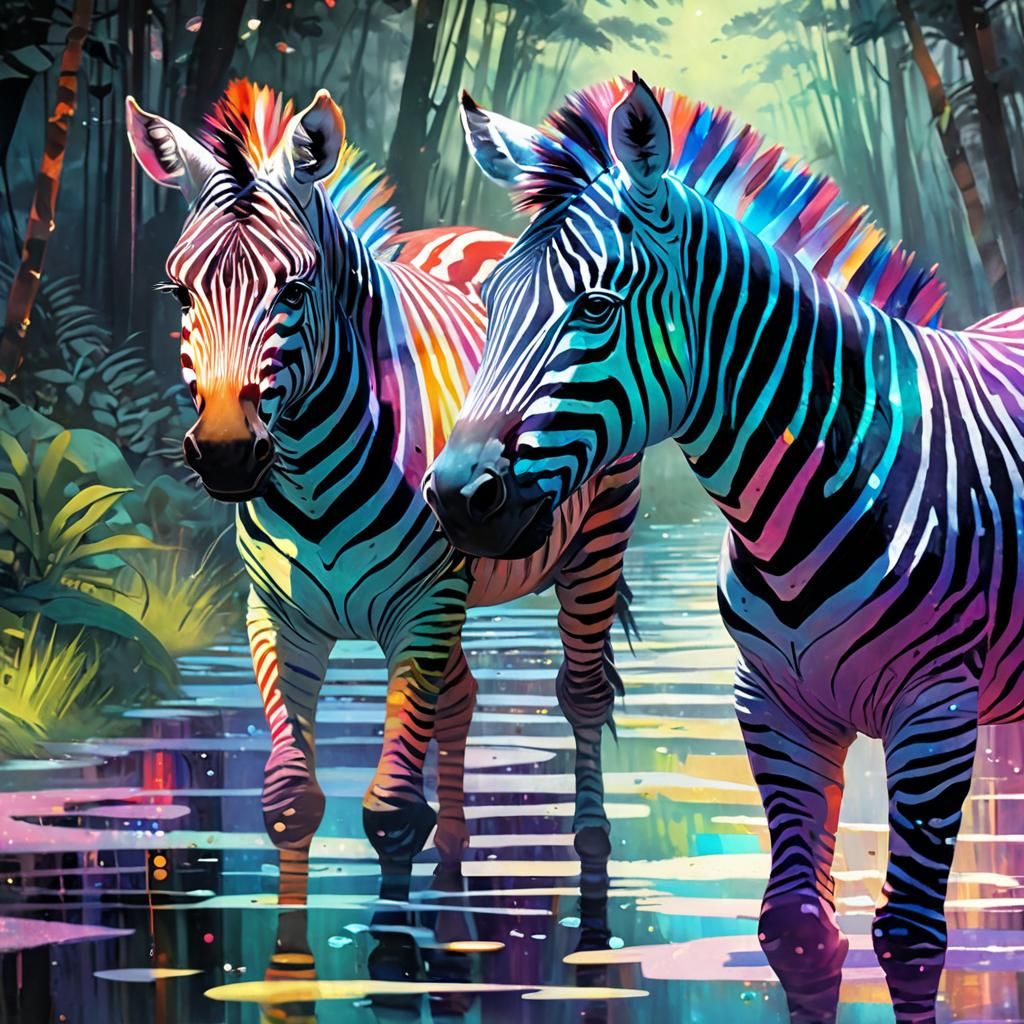 Rainbow Zebra with Iridescent Stripes in Digital Art Style