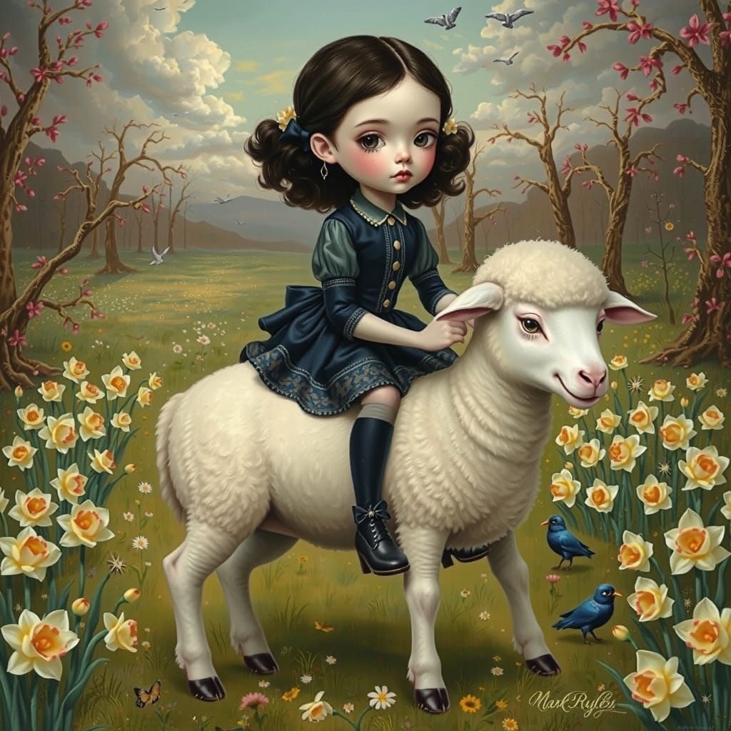 Mark Ryden, GOTHY GIRL RIDING Easter lamb, Lowbrow Art, Daff...