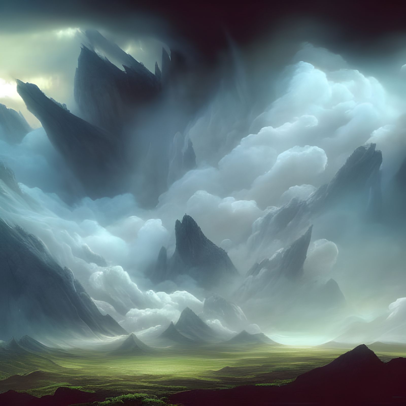 Spectacular Mountain Vista with God Rays and Rain