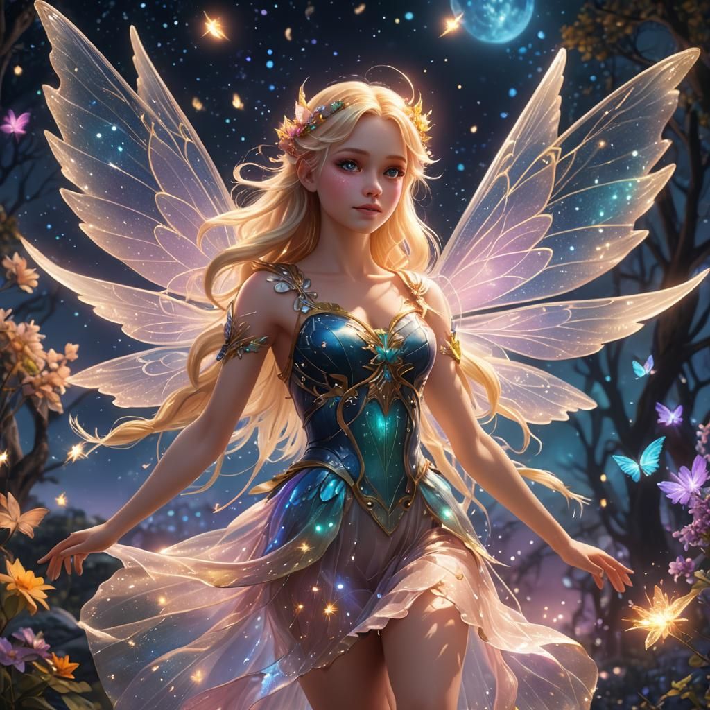 Pastel Fairy Flight in Starry Sky: Digital Art