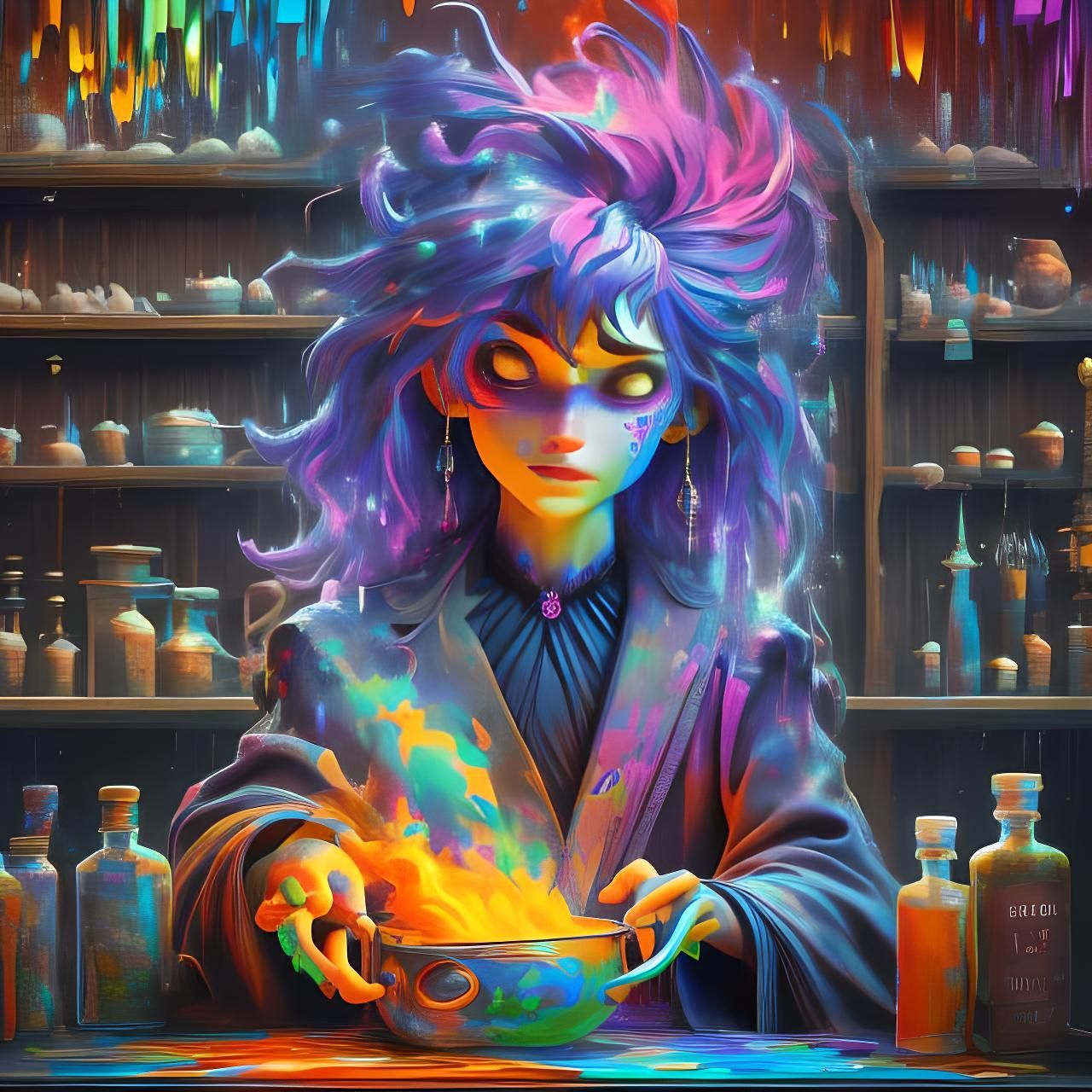Vibrant Glitch Art: A Witch in Her Laboratory