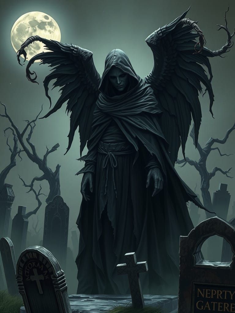 Dark Angel of Death in a Haunting, Lunar Cemetery