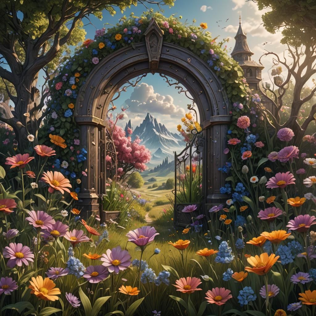 Fairy Domain Door in a Flower Meadow