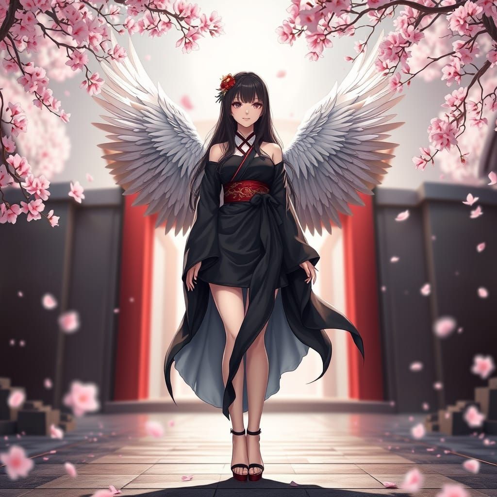 Angel of Death in Anime Style with Cherry Blossoms