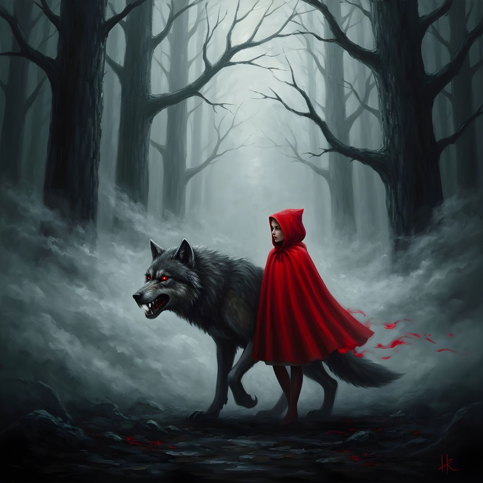 Red Riding Hood and Wolf in Foggy Forest Oil Painting