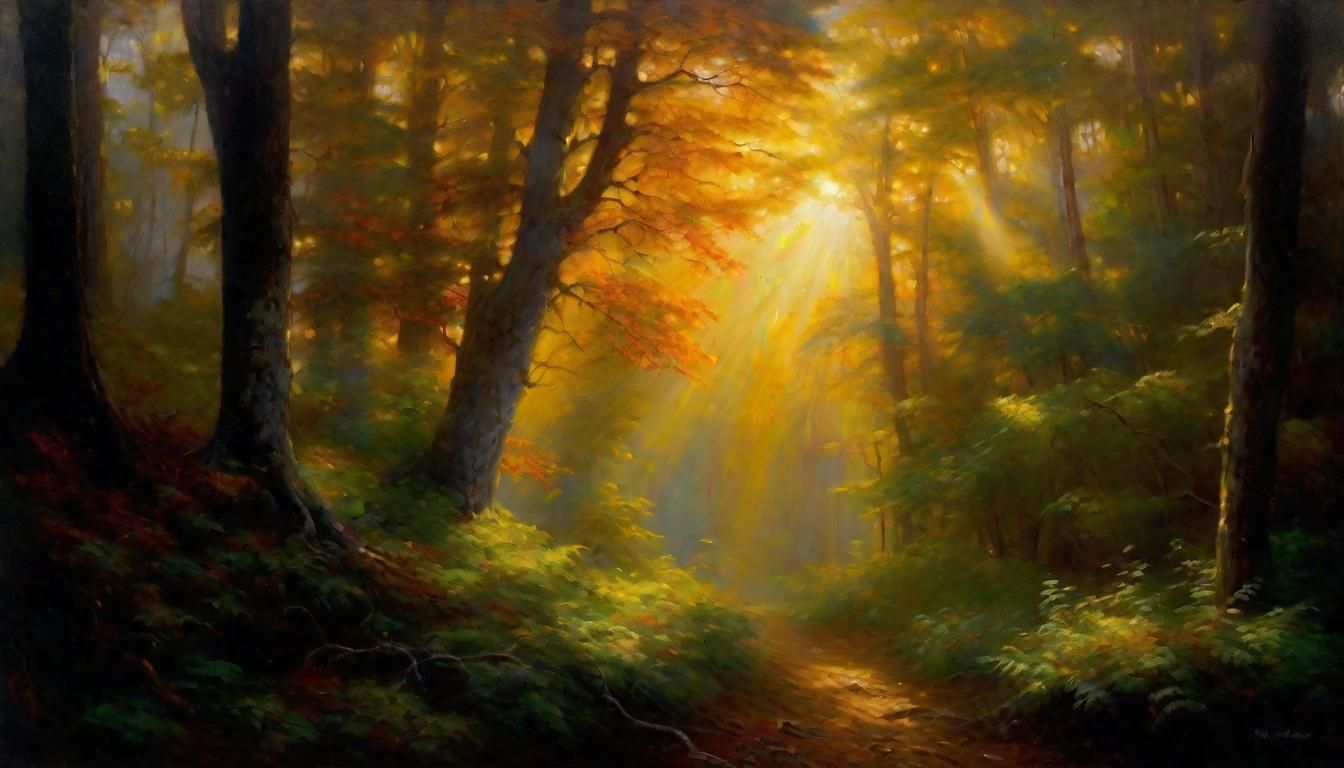 Ethereal Forest: Glorious Sunshine in Oil Painting