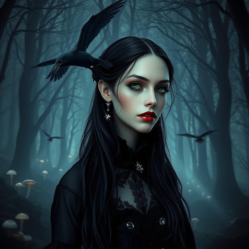 Mysterious Gothic Banshee in Victorian Attire, Surrounded by...