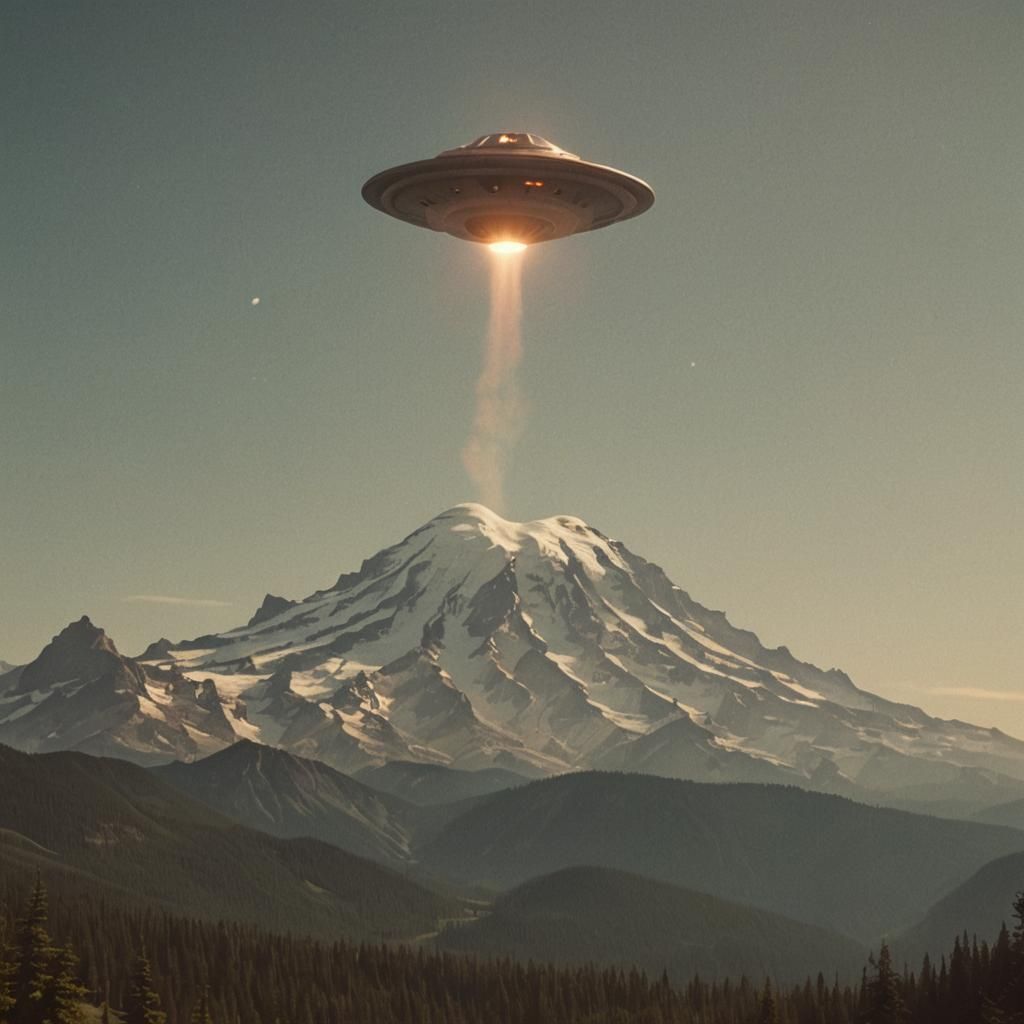 UFO over Mount Rainier: Retro-Futuristic Film Still