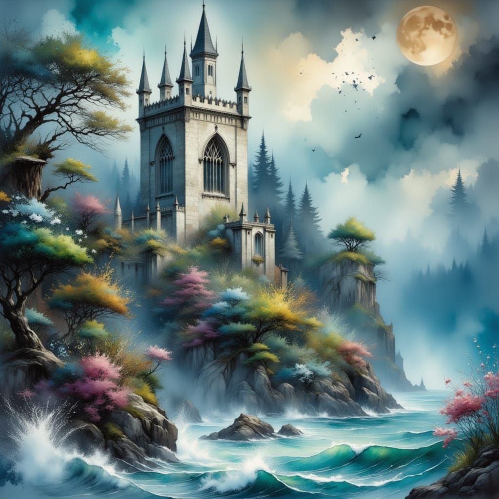 Gothic Castle at Night in Painterly Style