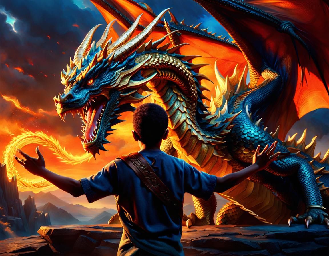 Boy Pleads Before Dragon in Fantasy Art
