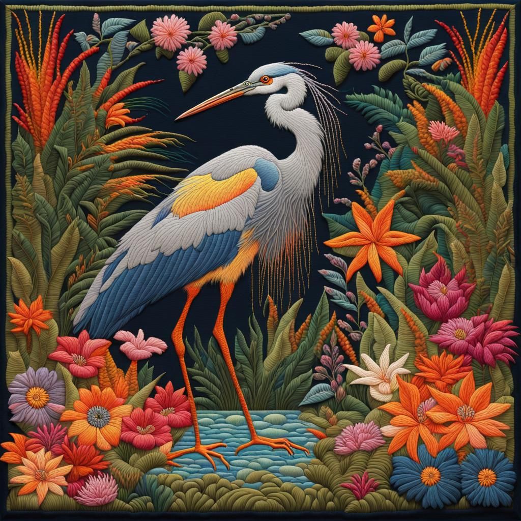 Embroidered Heron in Jungle Flowers, African Art Style