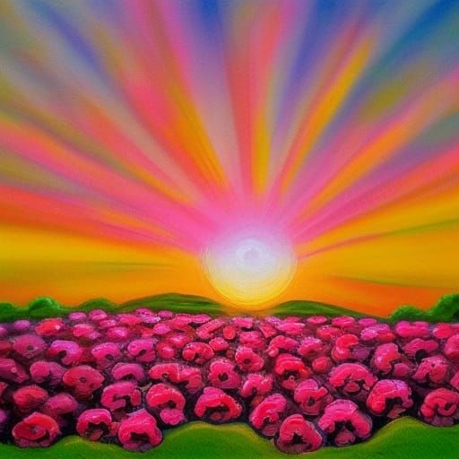 Pink Sunrise Over Rose Fields: Folk Art Landscape