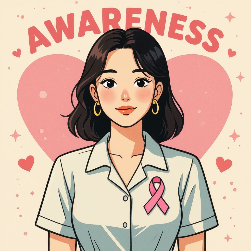 Pink Ribbon Illustration in Stylized Pop Art Style