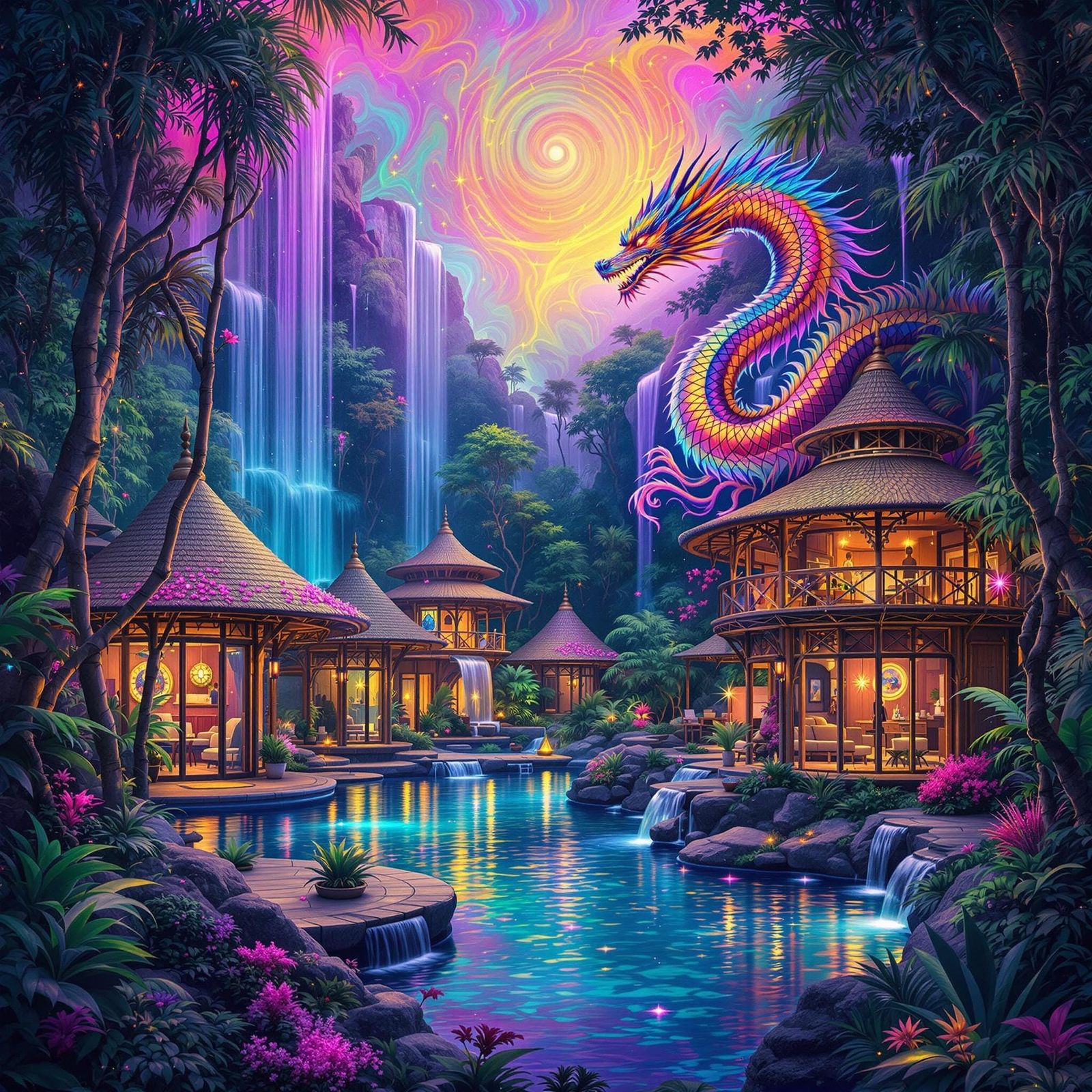 Ethereal Bali Village with Rainbow Dragon Architecture