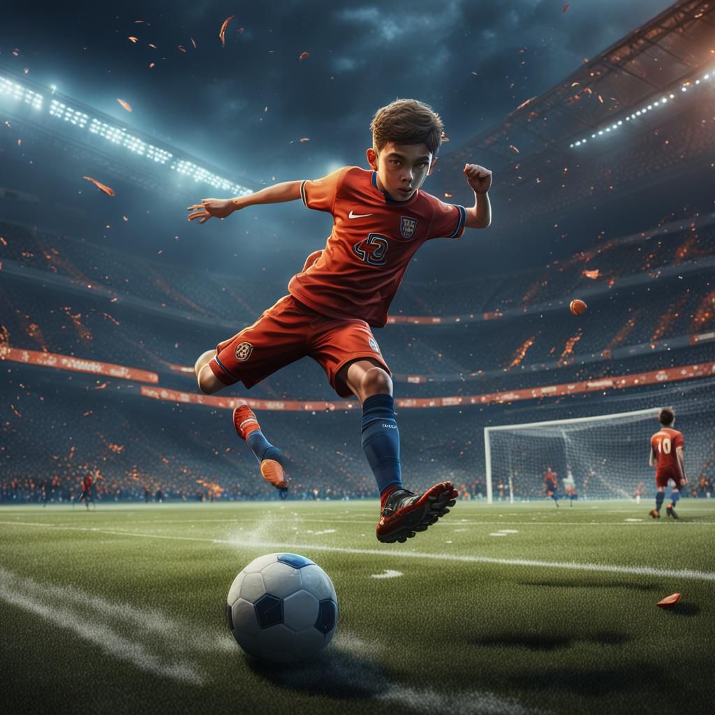 Boy Scoring Football Goal: Detailed Fantasy Art