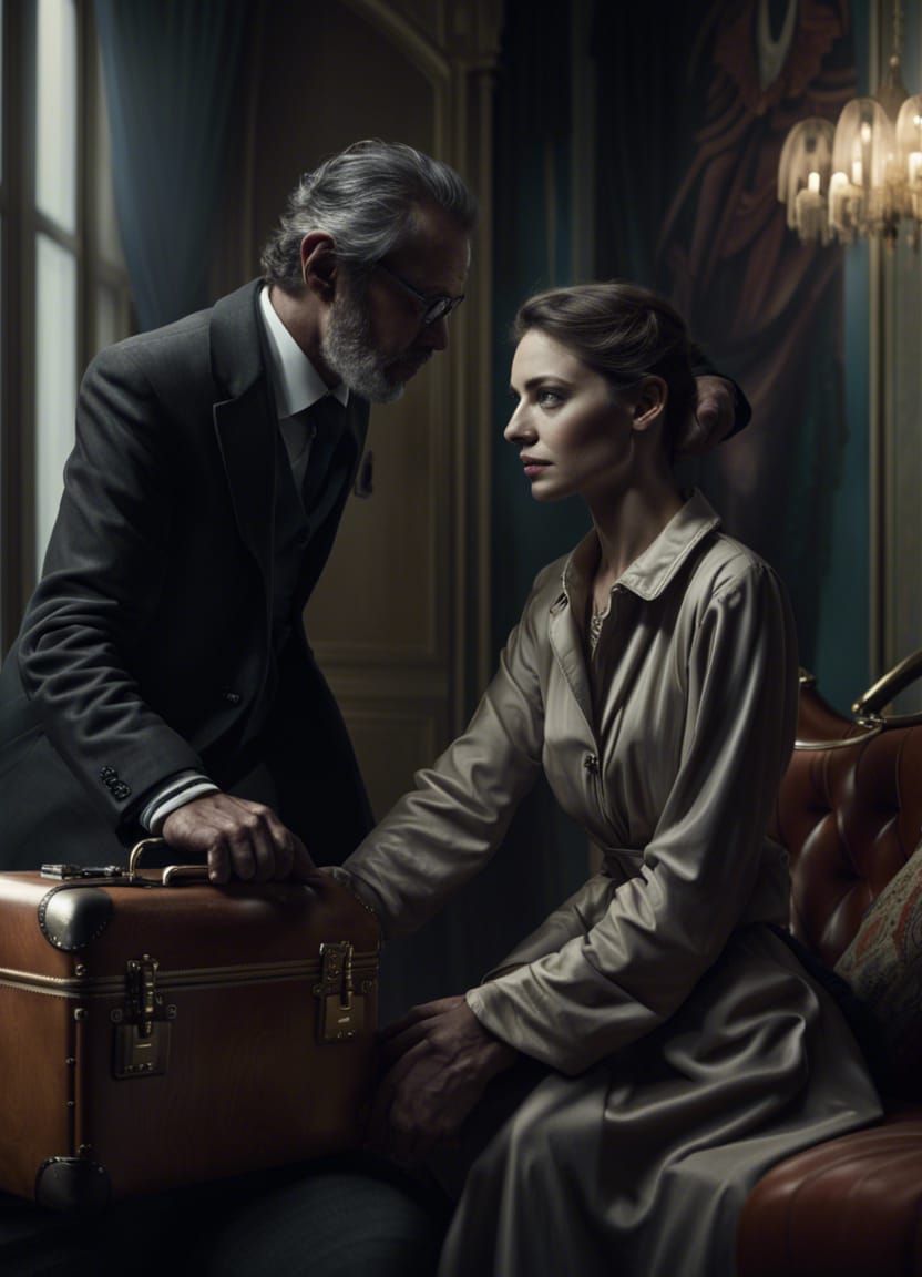 Man Comforts Woman Crying Beside Suitcase