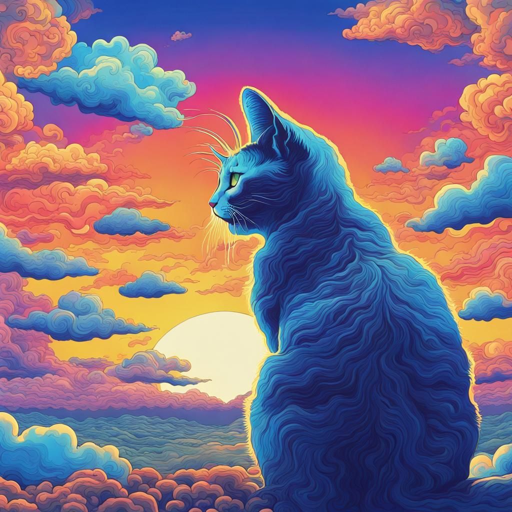 Psychedelic Sky with Clouds and Cat