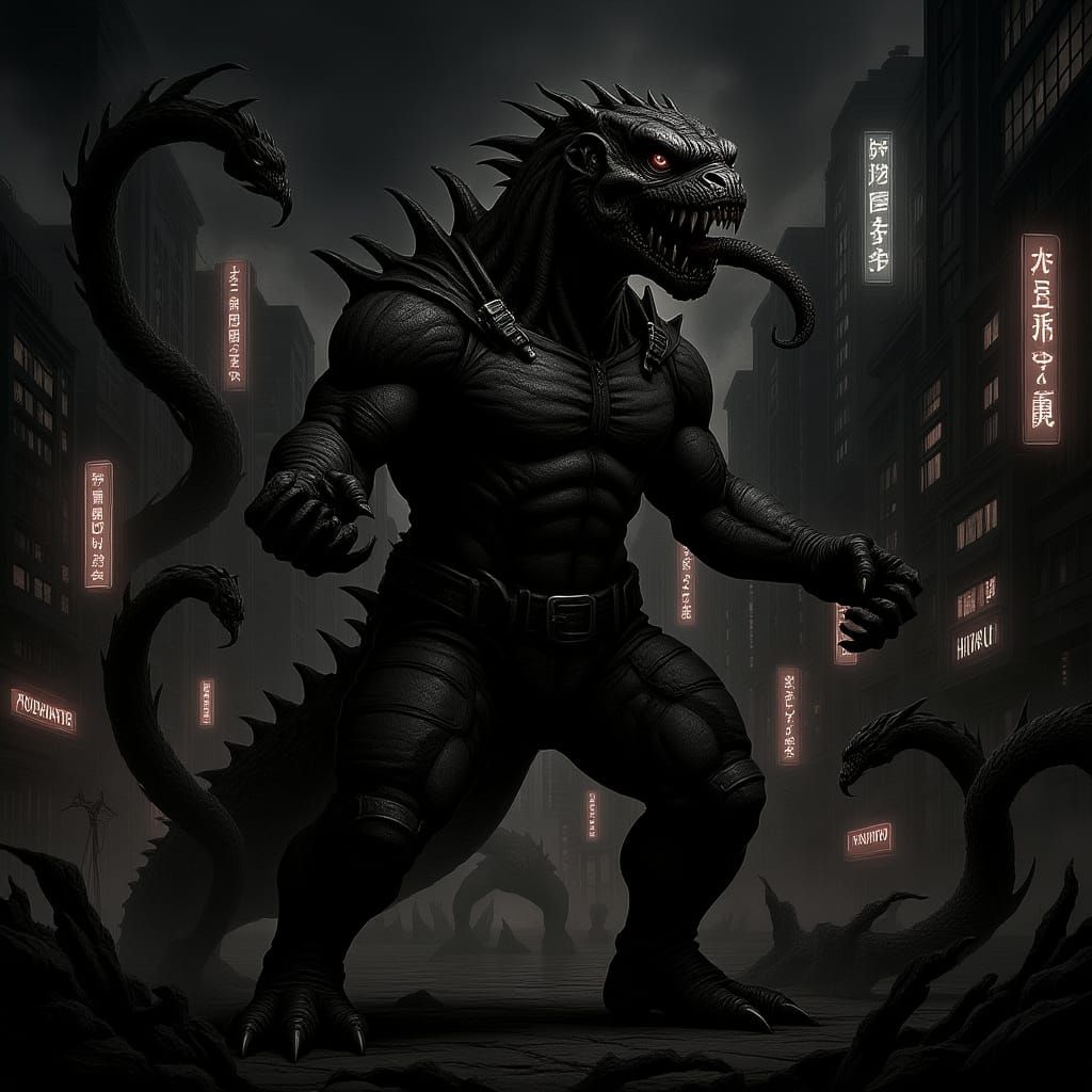 Mythical Hydra Battles Godzilla in Futuristic Tokyo