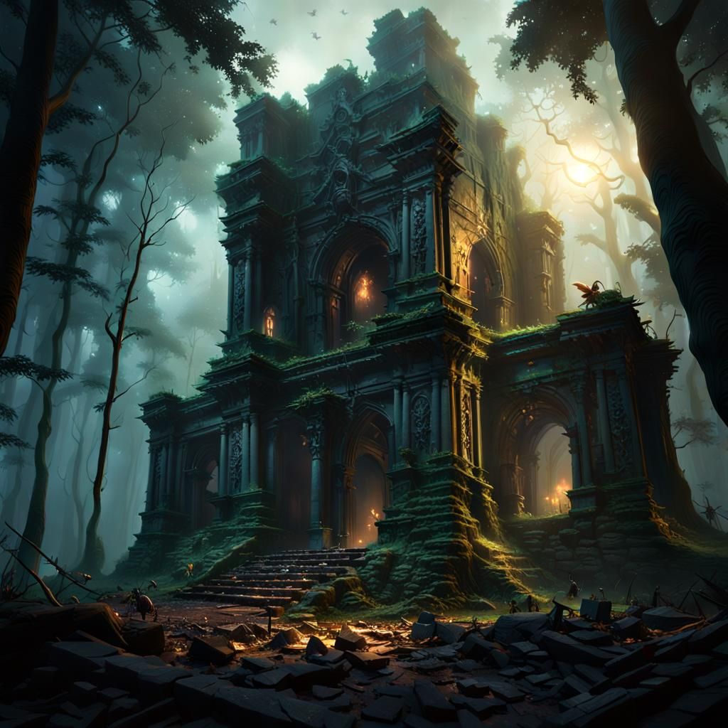 Dark Forest Ruins with Fireflies, Digital Art
