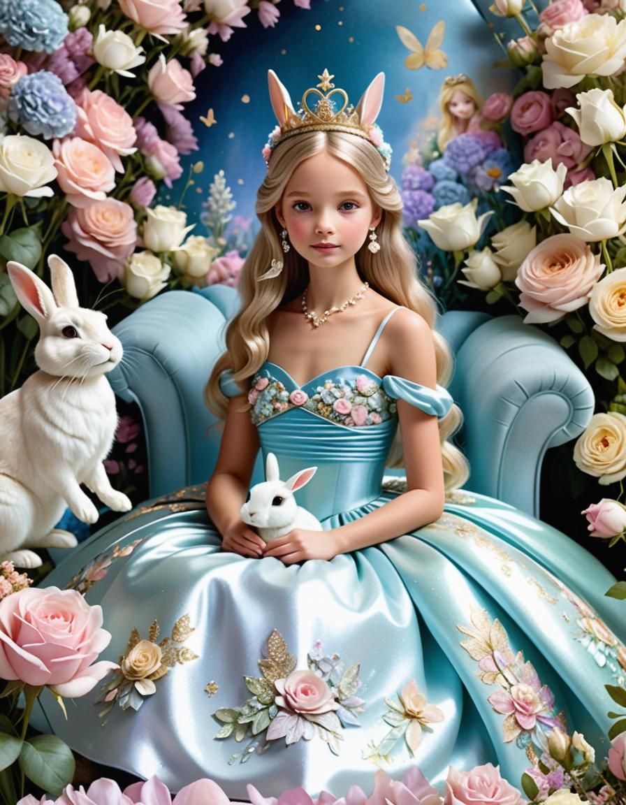 Fairytale Princess and Rabbit in Flower Garden