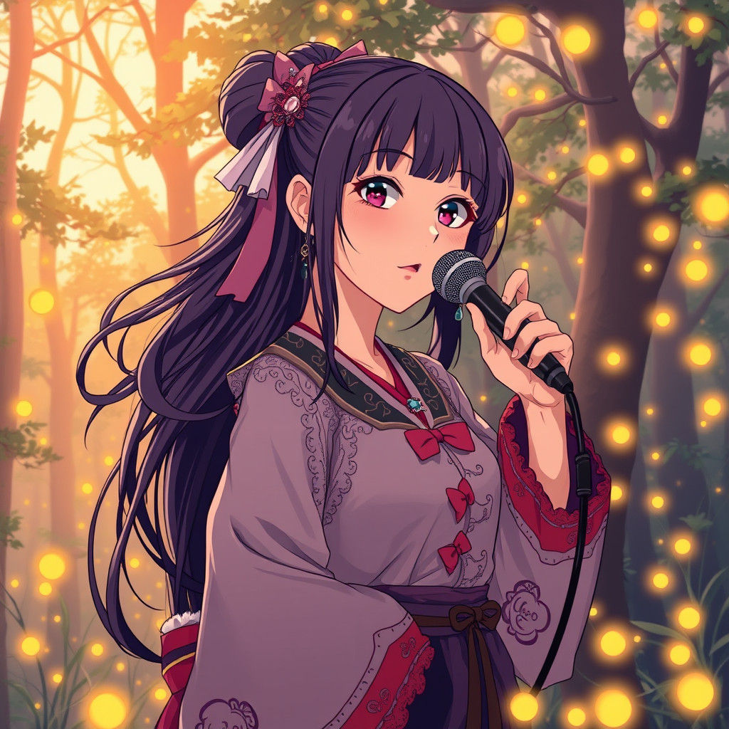 Manga Singer in Whimsical Forest, Anime Style