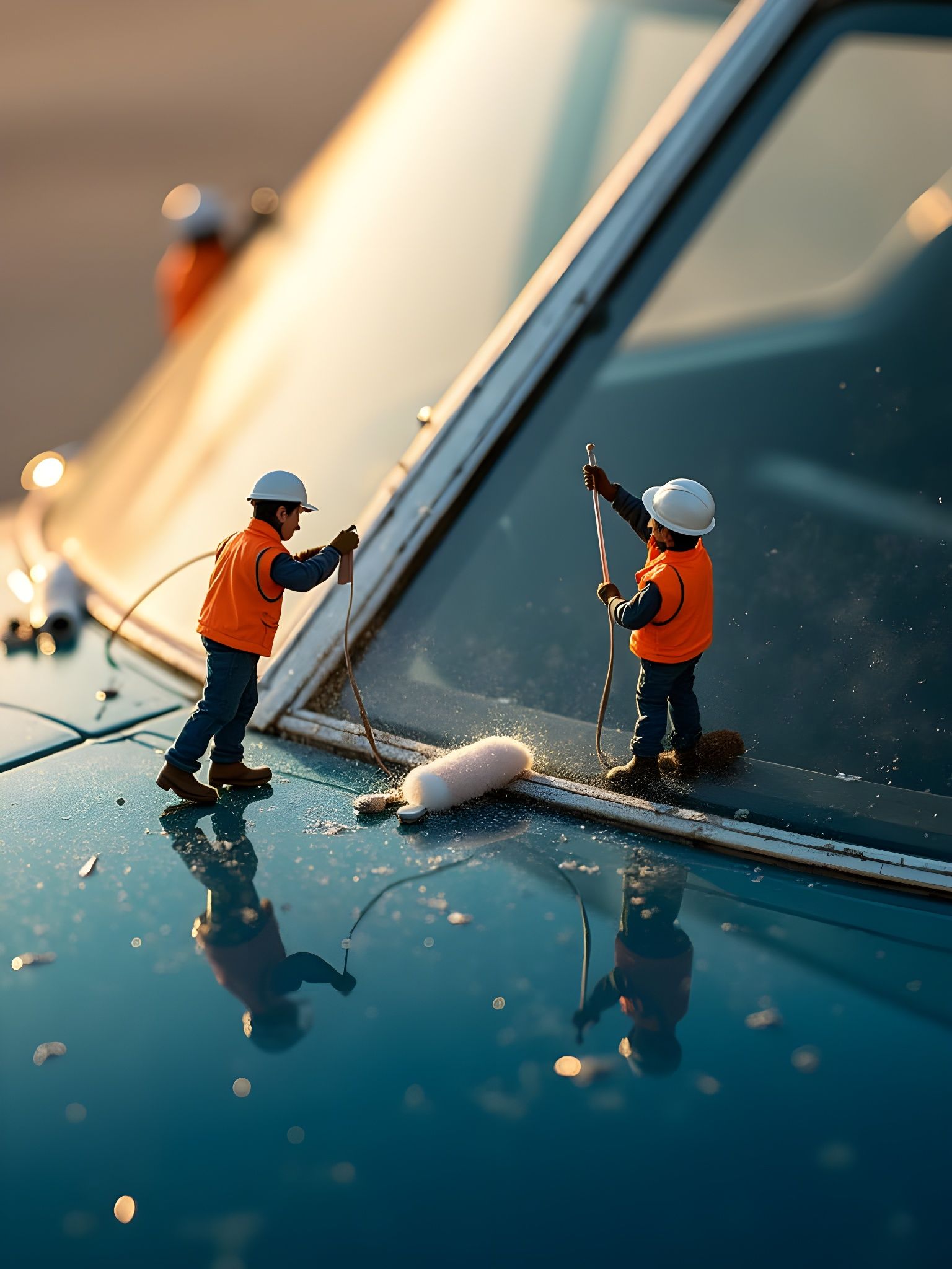 Commercial Airplane Cockpit Windshield Macro in Golden Hour