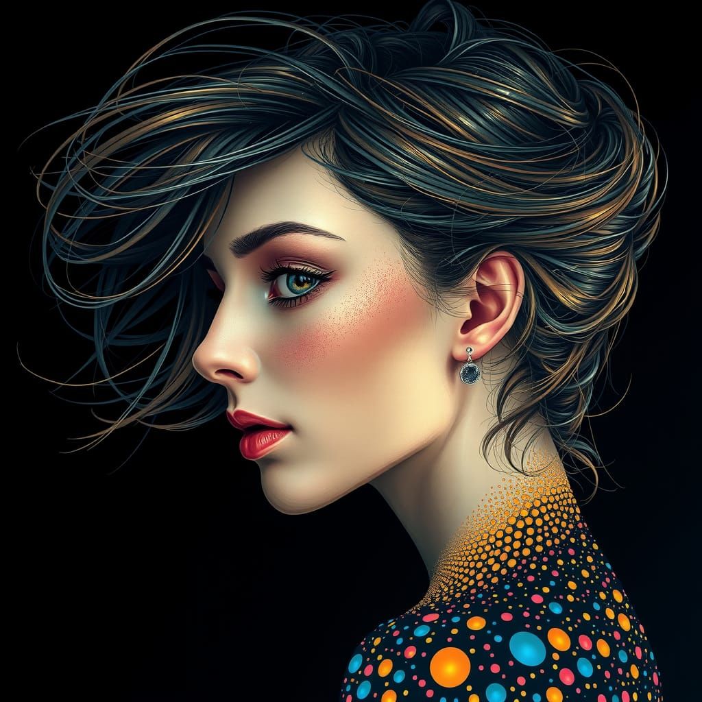 Pointillist Portrait with Windswept Hair in 8K