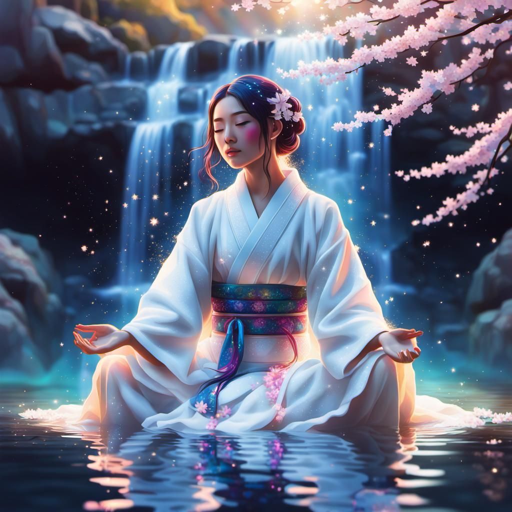 Ethereal Japanese Girl in Cosmic Watercolor Illustration