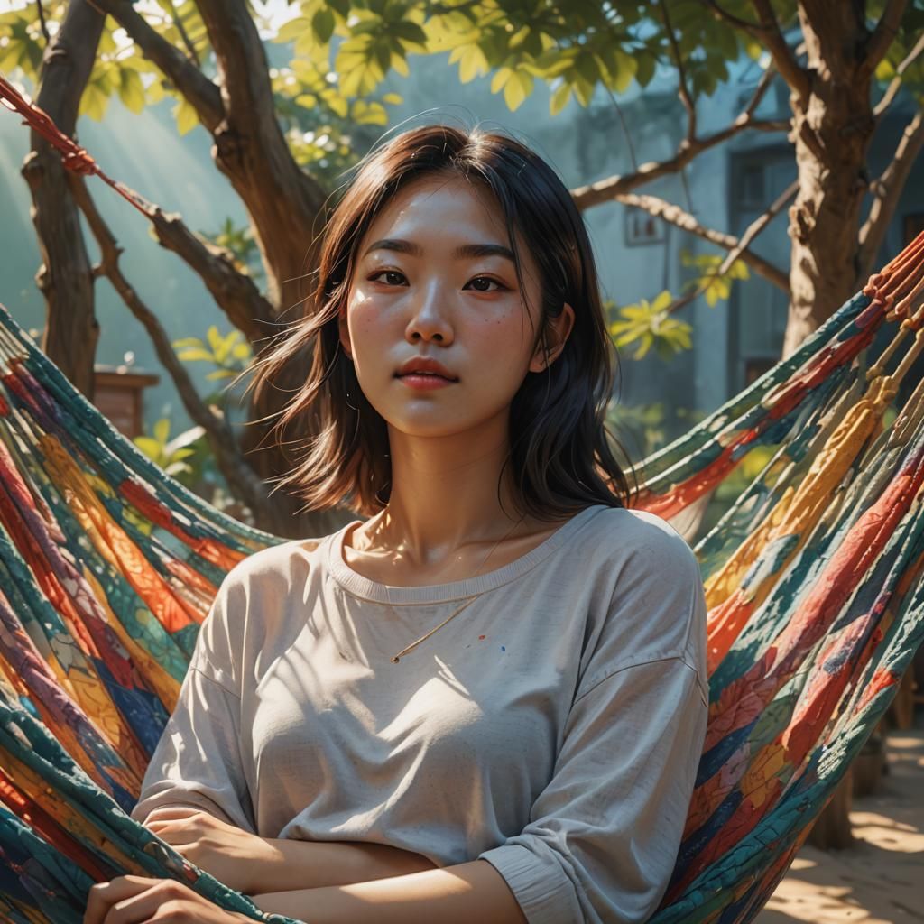Korean Girl Relaxing in Hammock: Hyperrealistic Digital Art