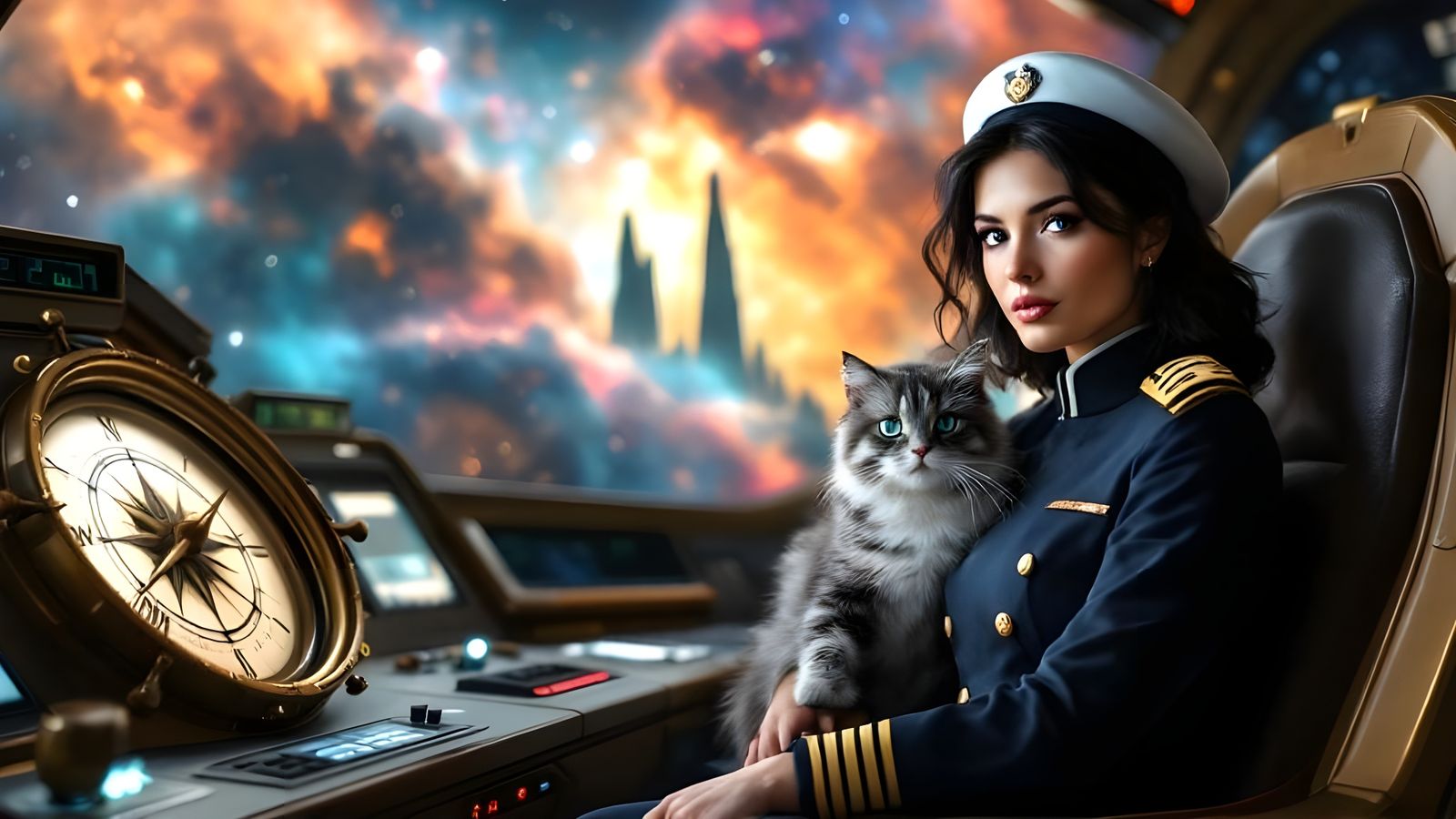 Naval Officer, Cat, and Pillars of Creation in Sci-Fi Style
