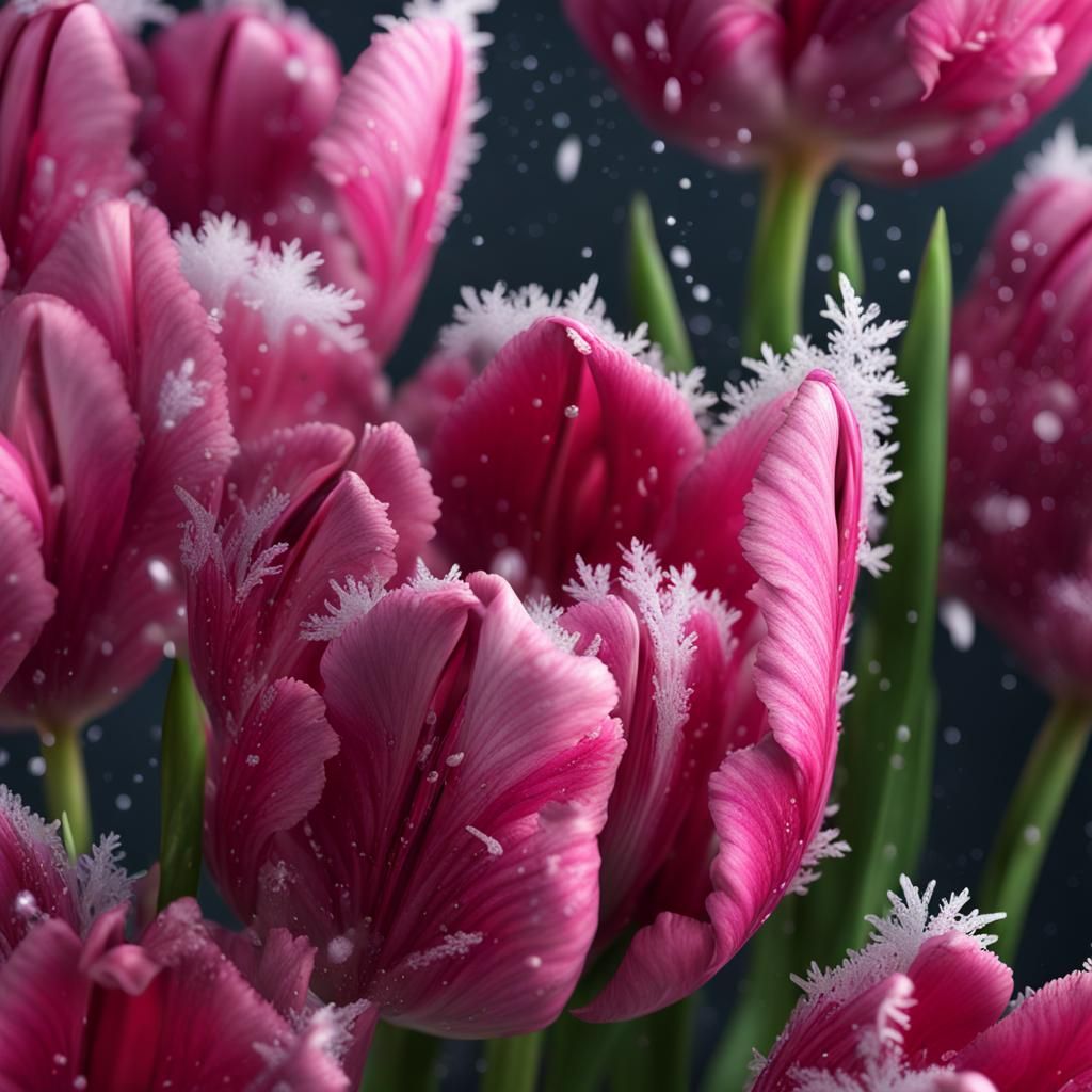 Frozen Pink Parrot Tulips in Macro Detail