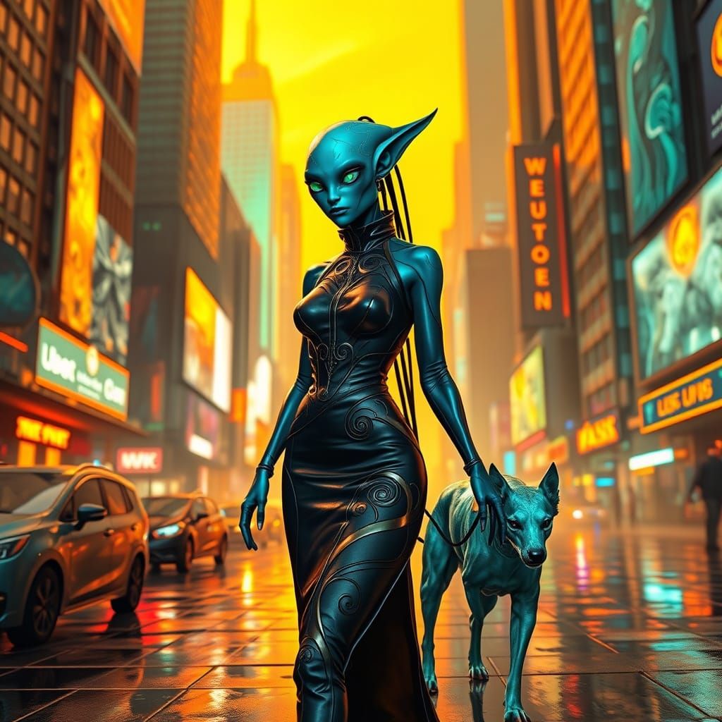Cyberpunk Alien Lady Takes Elegant Walk in Neon City