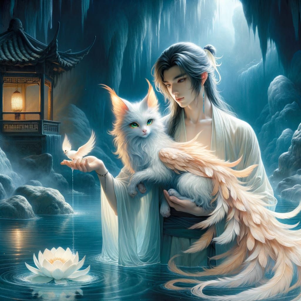 Chinese Cave Scene with Feathered Feline Creature